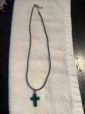Green Cross Pendant Necklace on Black Cord